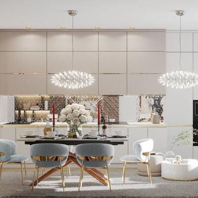 Spacious kitchen with dining area.