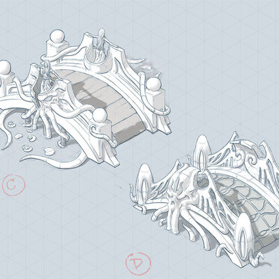 Lovecraftians Bridge. Isometrics. Sketch. Concept