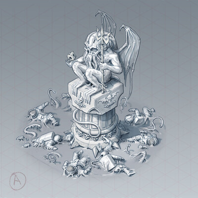 Cthulhu statue. Isometrics. Sketch. Concept.