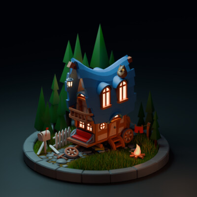 3D scene with a carriage in the forest
