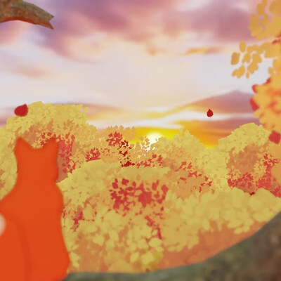 A squirrel jumps through the forest and meets the sunset