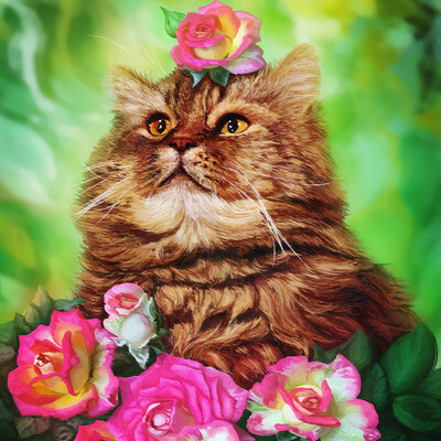 Golden-eyed cat in blooming roses