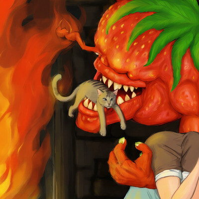 Crazy strawberry saves a cat and a cute girl from a burning attic