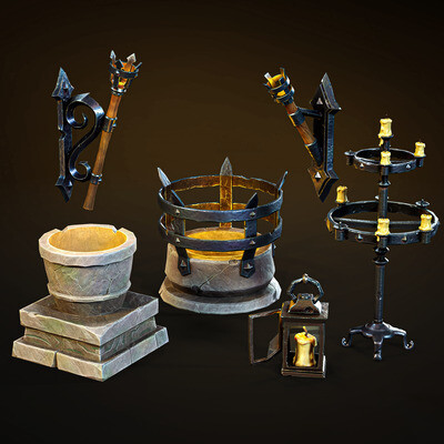 A stylized set of torches