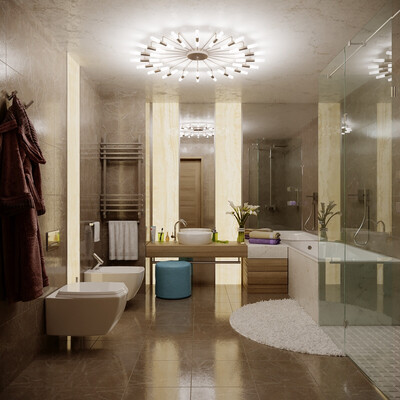 Large bathroom with a beautiful chandelier