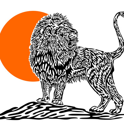 The lion at sunset is made in an unusual style