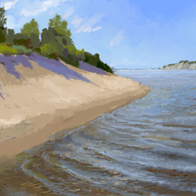 An island on the native Volga. Sandy shore.