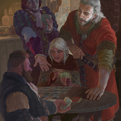 Geralt and Dandelion watch a game of Gwent