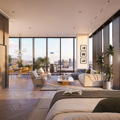 3D visualization of the interior of a small studio on the sea