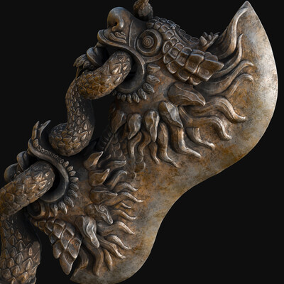 Twin dragons devouring a snake