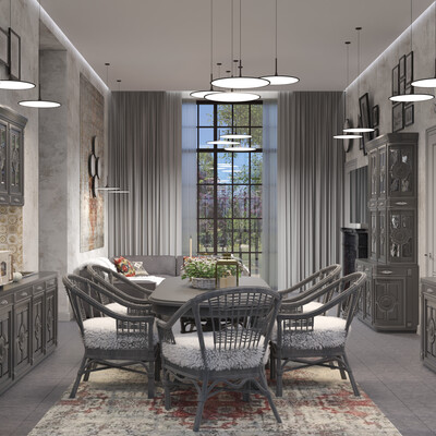 3D visualization of the living room of the hall in ethnic style
