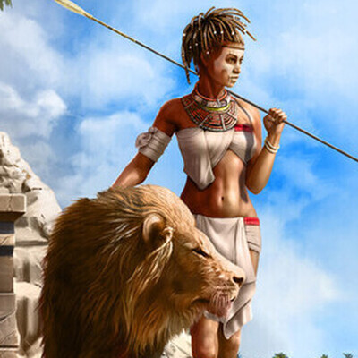 African girl with a lion