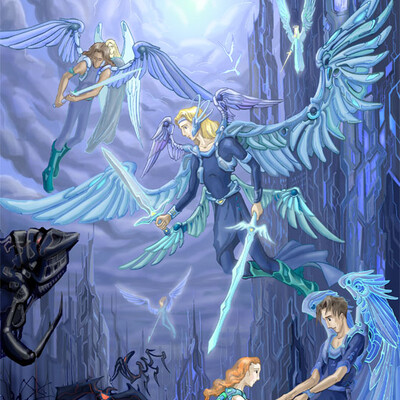Battle: winged men against robots.
