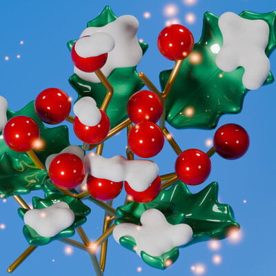 Cozy 3D Snowy Holly Branch with Glossy Berries