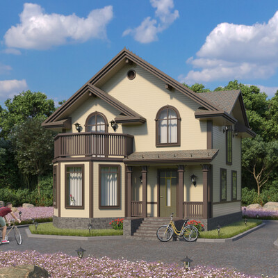 3D visualization of a compact wooden cottage project