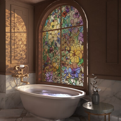 3d bathroom with stained glass windows