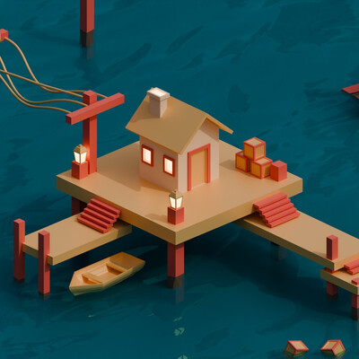 Low poly house on the water