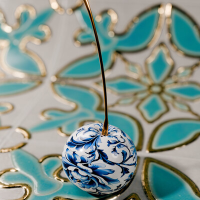 Cherries in a blue and white pattern