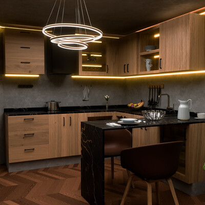 the interior of the modern-style living room with kitchen