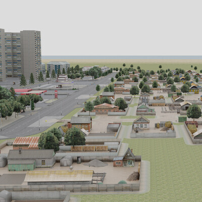 Rural outskirts of an urban location. Low-poly environment for a mobile game.