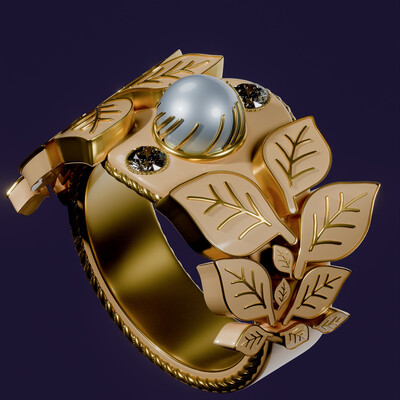 beige ring with pearls, ornaments and leaves