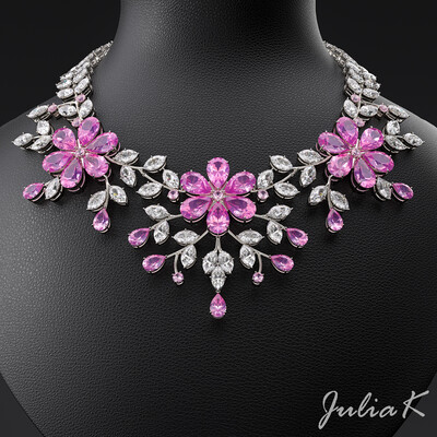 Japanese-style 3D model with rubellites and diamonds