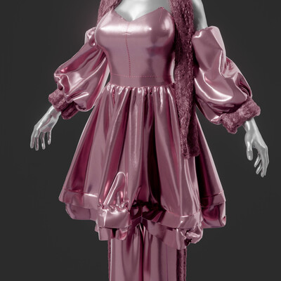 pink nylon fashion dress with scarf