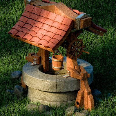 Stylized stone well with a tile roof