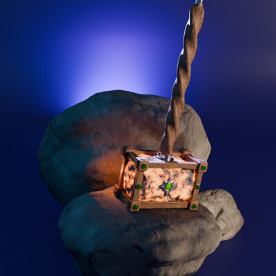 Stylized hammer with a wooden handle made of stone