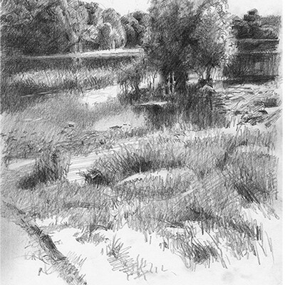 Plein air sketches. Banks of the B. Karaman River. Paper A4, pencil.
